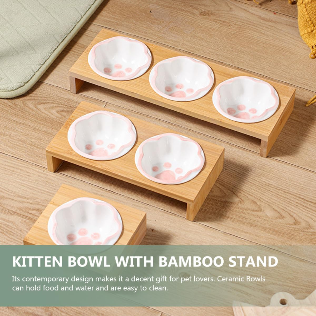 Kisangel Ceramic Cat Feeding Bowl Set with Elevated Rack, Anti-Slip Reusable Pet Food Bowls for Cats and Kittens, Comfortable Height for Healthy Dining and Neck Protection image number 1