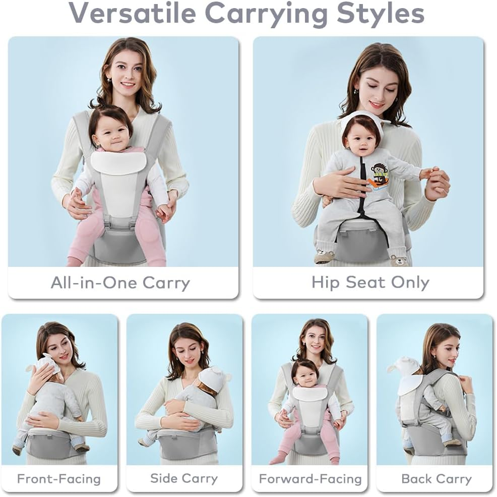 Beideli Baby Carrier with 2 Bibs, 6 in 1 Baby Hip Carrier, Multi-Functional Baby Wrap Carrier for Newborns & Toddlers,Ergonomic Waist Stool, for 0-36 Months Baby(Grey) image number 3