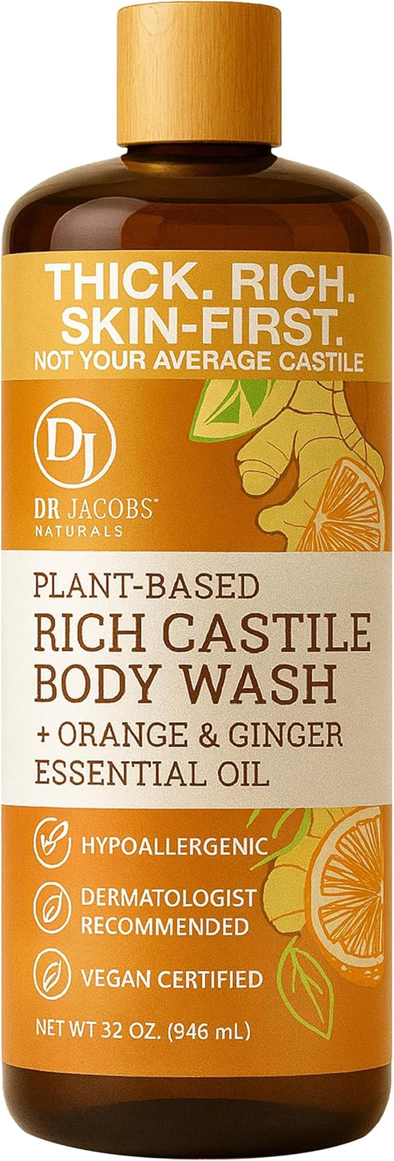 Dr. Jacobs Naturals Pure Castile Soap Liquid Body Wash, Orange & Ginger - All Natural Soap Infused with Vitamin E & Aloe Vera to Moisturize Dry and Sensitive Skin - Made in the USA - 32 Oz, Pack of 1 image number 3