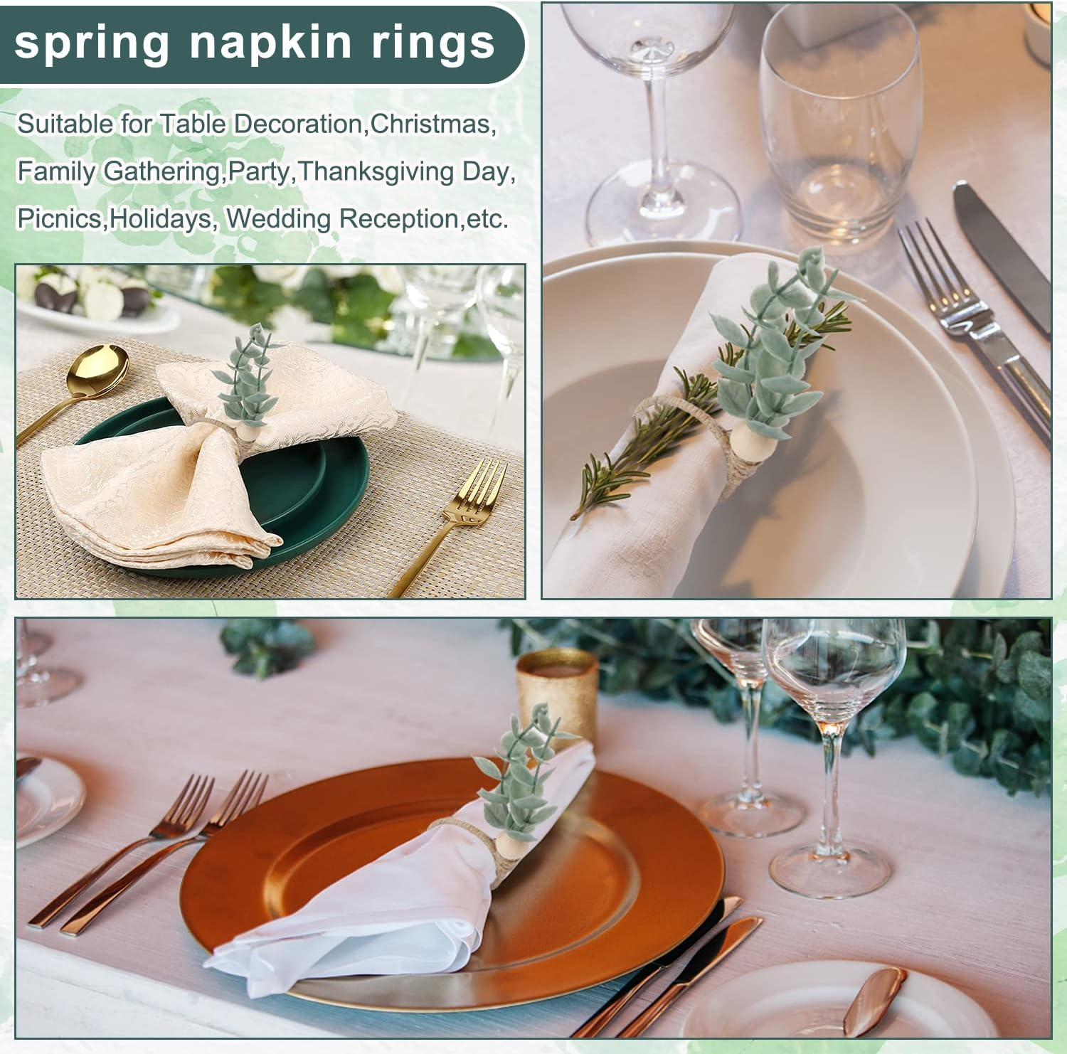 Eucalyptus Napkin Rings Set of 12 - Green Leaf Spring Wood Bead Rustic Rings for Christmas, Wedding, Thanksgiving, Easter Table Decoration image number 5