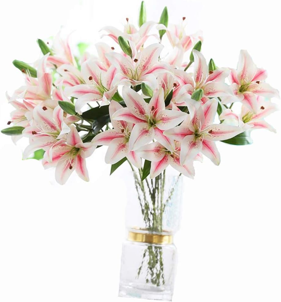 LNHOMY 6 Pack Artificial Lily Flowers Full Bloom Fake Latex Real Touch Artificial Flower Bouquets with 3 Heads Wedding Party Decor Home Decor, (White)