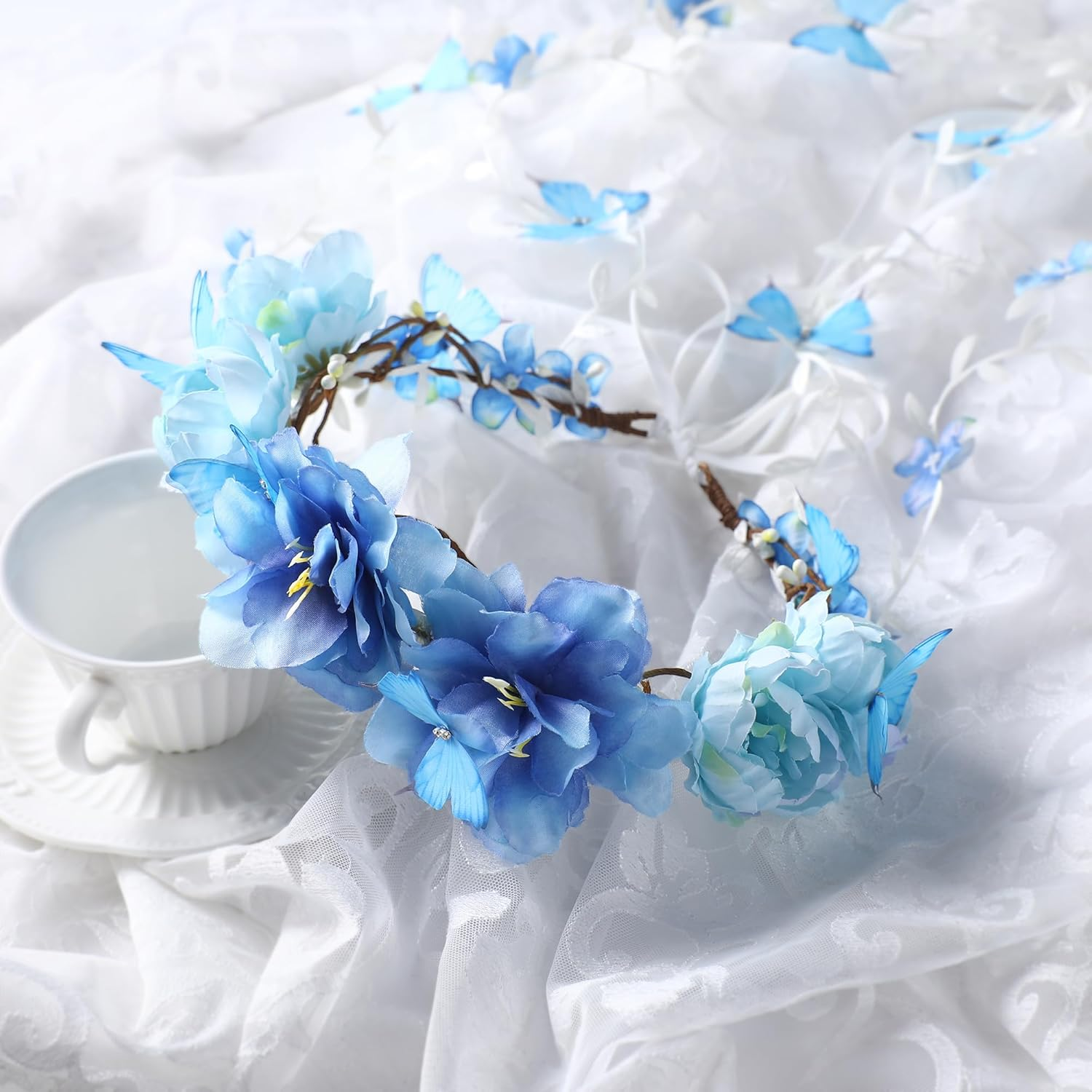 Partyforu Blue Flower Crown Headpiece for Women, Flower Headband with Butterfly, Bohemian Vine Crown, Hippie Flower Headpiece for Wedding, Party, Bridal Shower, Renaissance image number 1