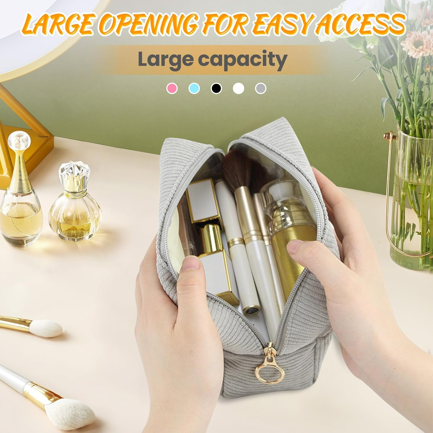 Huakaile 2 Pieces Corduroy Makeup Bag Set, Small Cosmetic Pouch Case with Zipper, Cute Travel Toiletry Bag Organizer for Girls Women Gifts Purse Storage (Pink) image number 6