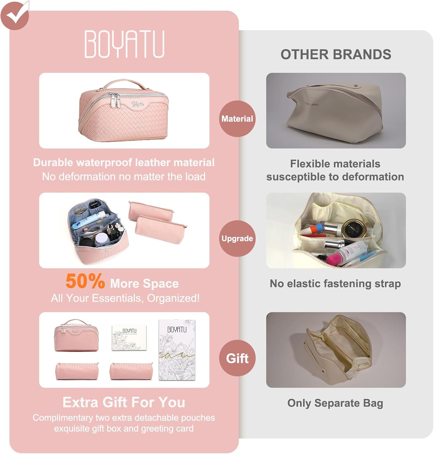BOYATU Travel Makeup Bag Cosmetic Bags for Women: Large Capacity 3 Pcs Set Make up Bag with Compartments - Waterproof Vegan Leather Toiletry Organizer Bags with Handle (L02 Light Pink) - 01-F-Purple image number 4