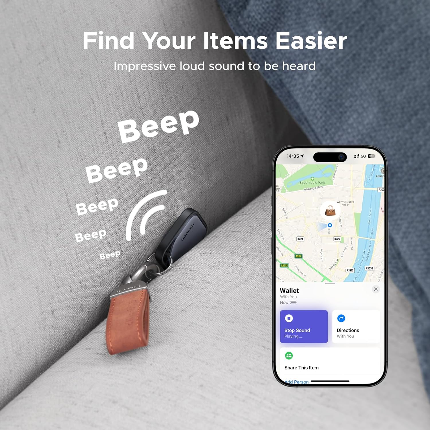 UGREEN Finetrack Smart Finder, Bluetooth Tracker Tag, 2-Year Replaceable Battery, Compatible with Apple Find My (Ios Only), 80Db Alarm Volume, Item Finder and Locator for Keys, Wallet, Luggage, Car image number 1