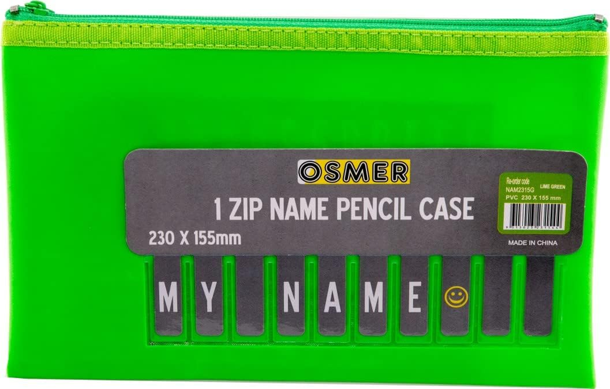 Osmer NAM2315G Cloth Backed One Zip PU Pencil Case with Name Card Insert, 23 Cm X 15.5 Cm Size, Green
