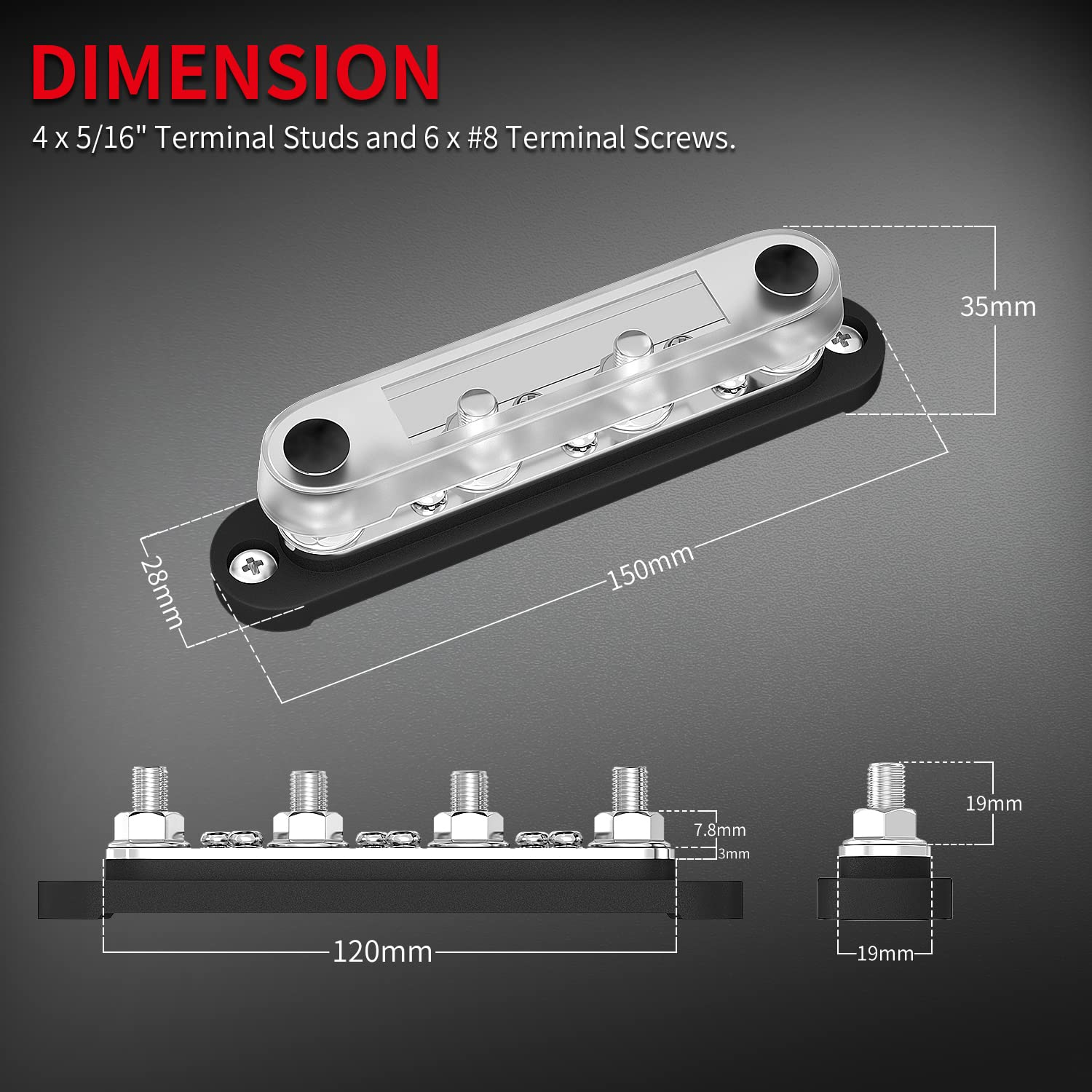 Daiertek Negative Bus Bar 12V Marine 4 X 5/16" (M8) Terminal Studs 6 X M4 (#8) Terminal Screws Gound Bus Bar Black Negative Power Distribution Block for Automotive Boat Solar System image number 4