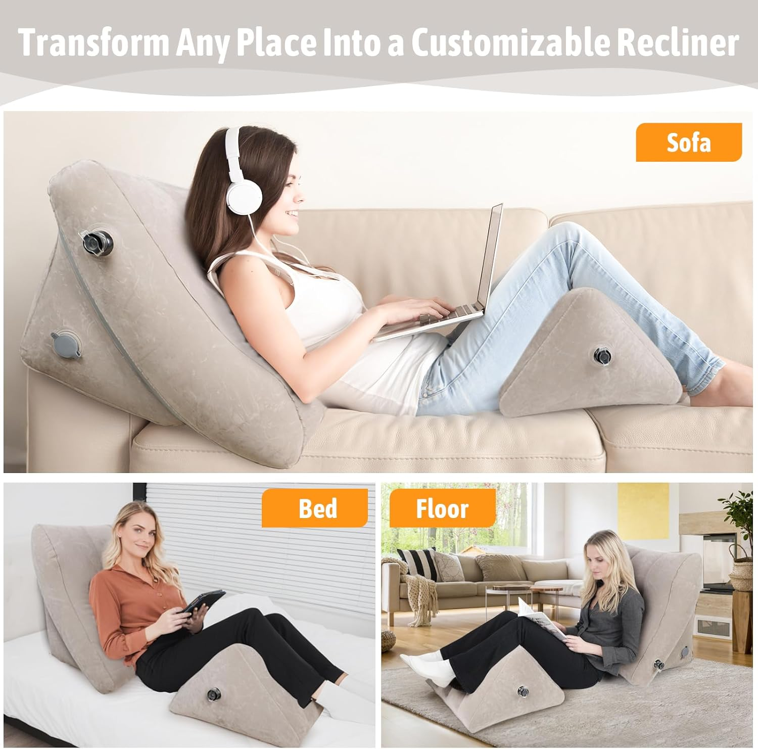 Inflatable Bed Wedge Pillow Set, 2 PCS Adjustable Sitting Pillows with Removable Mesh Cover, Post Surgery Support for Back and Leg Pain Relief, GERD Sleeping image number 6