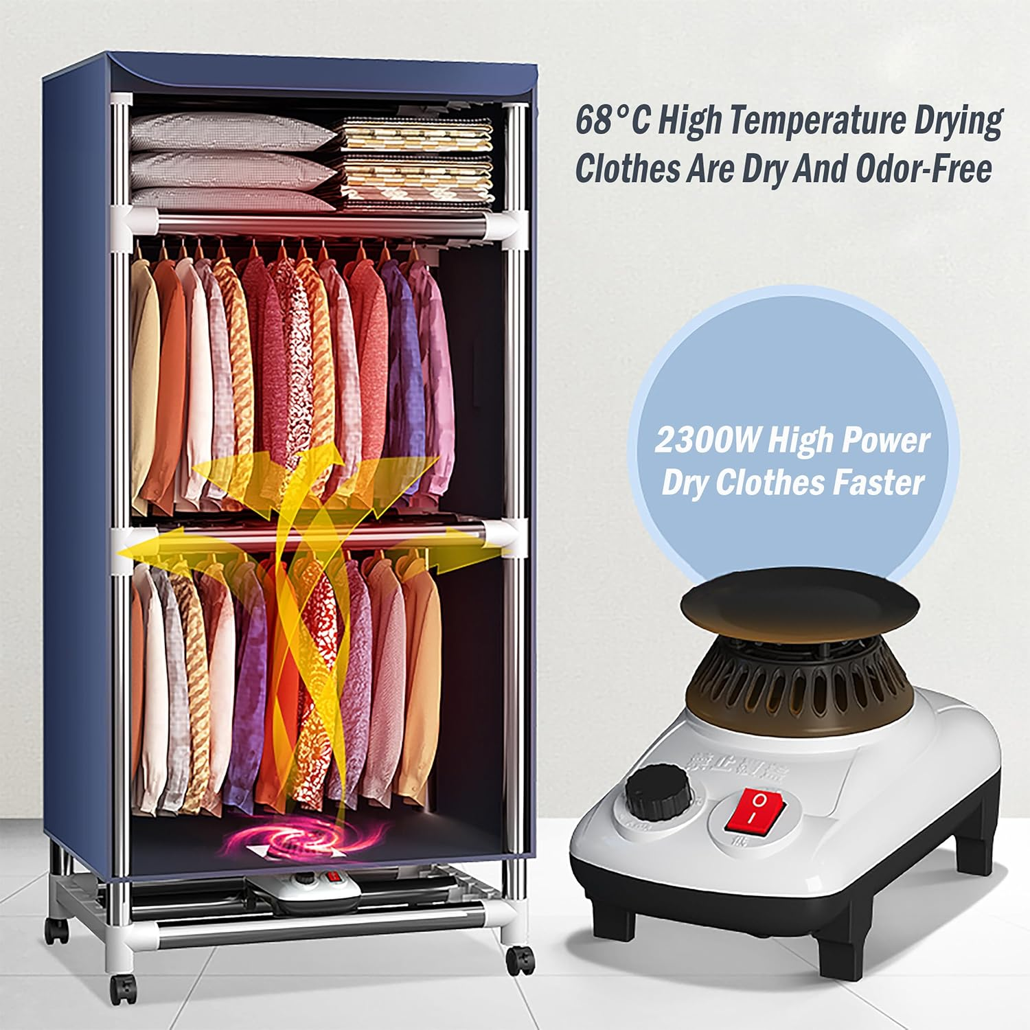 Zekroh Clothes Dryer, 2300W Drying Machine for Laundry, Three-Layer Portable Dryer Thickened Steel Pipe, Maximum Load-Bearing Capacity 100Kg, Indoor Airer Wet Laundry Drying Rack (Blue 1) (7) image number 6