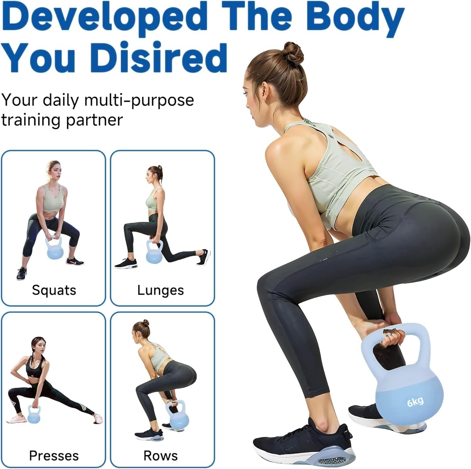 Kettlebell Weights 6Kg - 8Kg, PVC Soft Kettlebell, Anti-Slip Handle,Color Coded, Strength Training Kettlebells for Weightlifting, Conditioning, Strength & Core Exercises