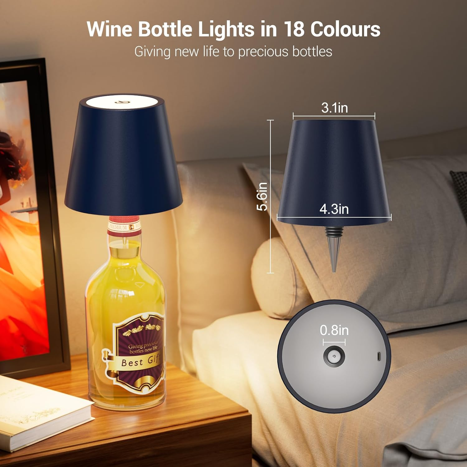 Nulmvic 2 Pack Wireless Bottle Lamp Shade - Portable LED Wine Bottle Lamp with Stopper, 3 Color Stepless Dimming Rechargeable Touch Wine Bottle Lights for Any Liquor Bottle Bars Restaurants-White