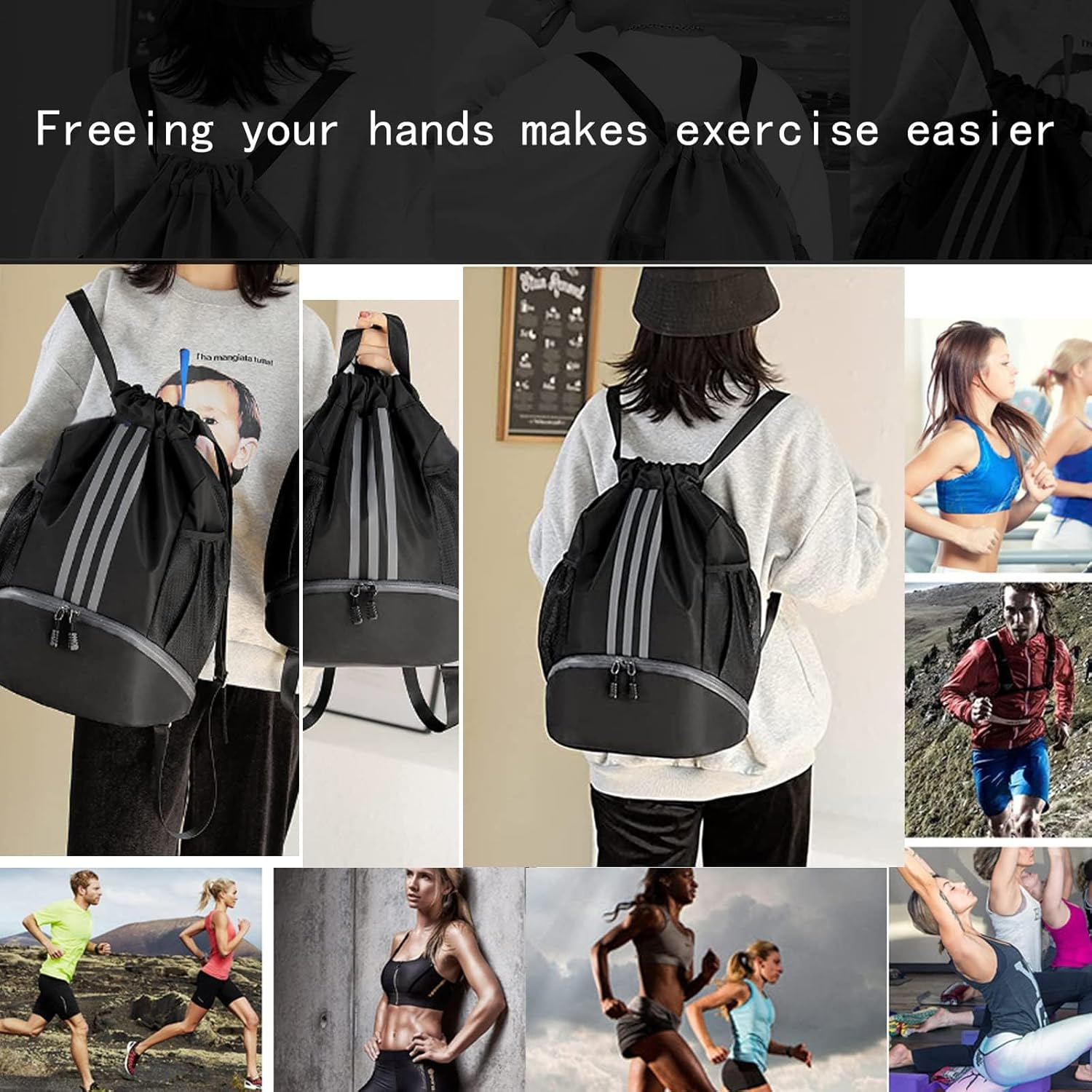 Drawstring Backpack Drawstring Fitness Bag Durable Nylon Basketball Football Storage Bag with Shoe Storage with Water Cup Storage Waist Bag image number 1