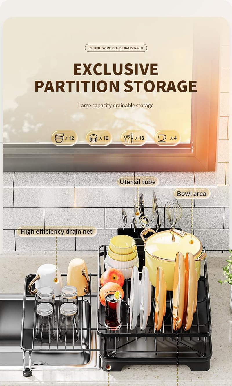 Dish Drying Rack, Extendable Carbon Steel Drying Rack with Cutlery Holder for Kitchen Sink Counter Storage, 49 X 54 X 12.5Cm image number 5