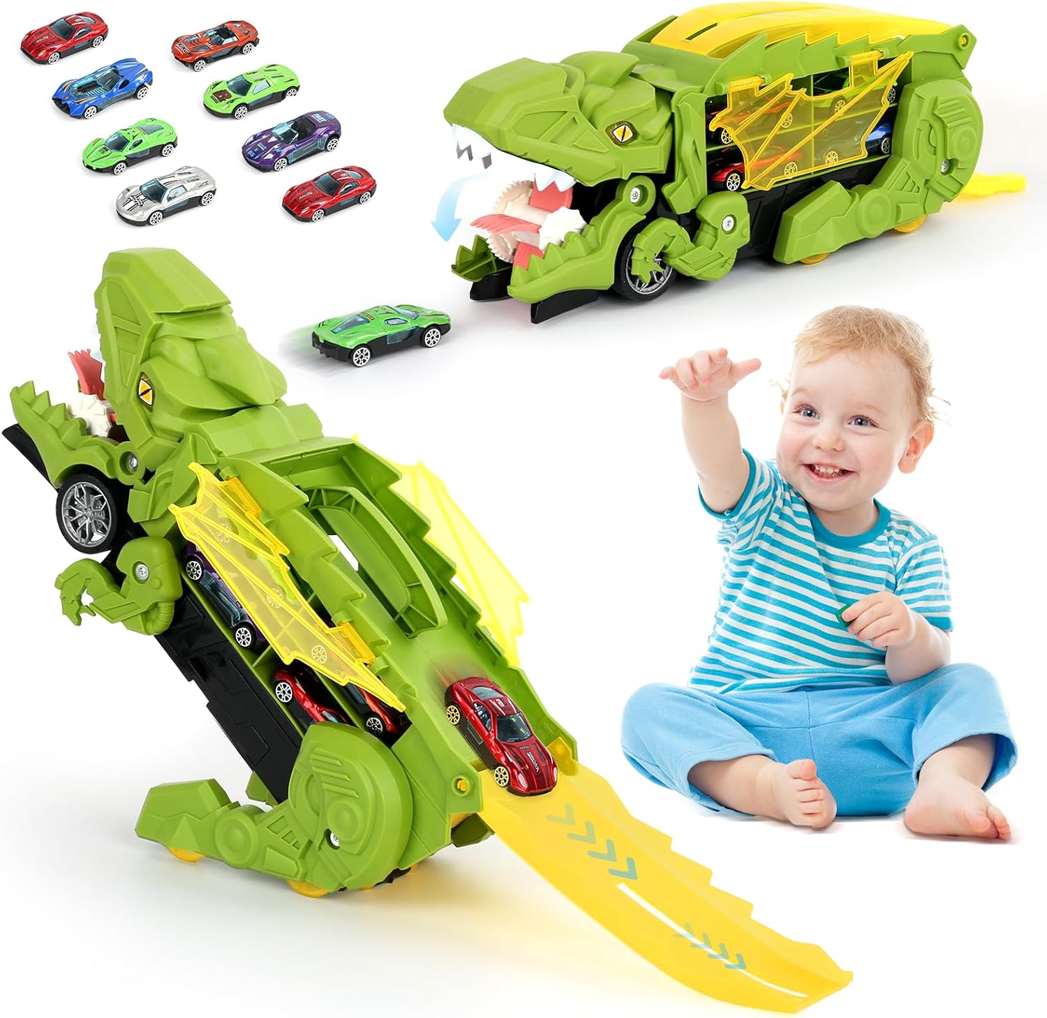 Dinosaur Truck Toy for Kids, Transforms into Triceratops with Race Track Set, City Dinosaur Transporter with 8 Toy Vehicle for Kids Boys over 3 Years Old image number 5
