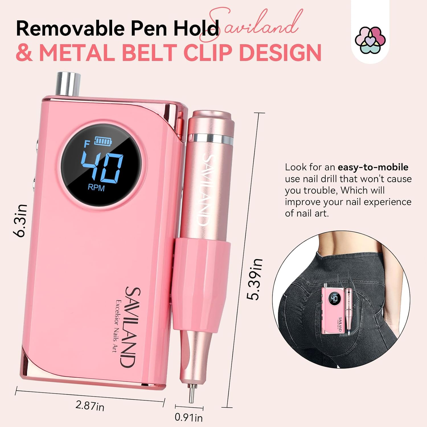 SAVILAND Electric Nail Drill Professional: 40000RPM Pink Nail Filer Electric Manicure Pedicure 13 Nail Drill Bits for Acrylic Nails False Nails Gel Nails Dip Nail Artificial Nails Home Salon image number 6