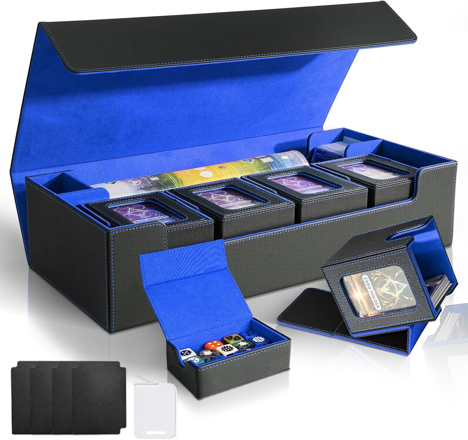 Cardnovux Card Deck Box for MTG Commander, Large 6 in 1 Card Storage Display Case with 5PCS TCG Deck Boxes & Dice Tray, Holds 2400+ Unsleeved Trading Cards (Blue)