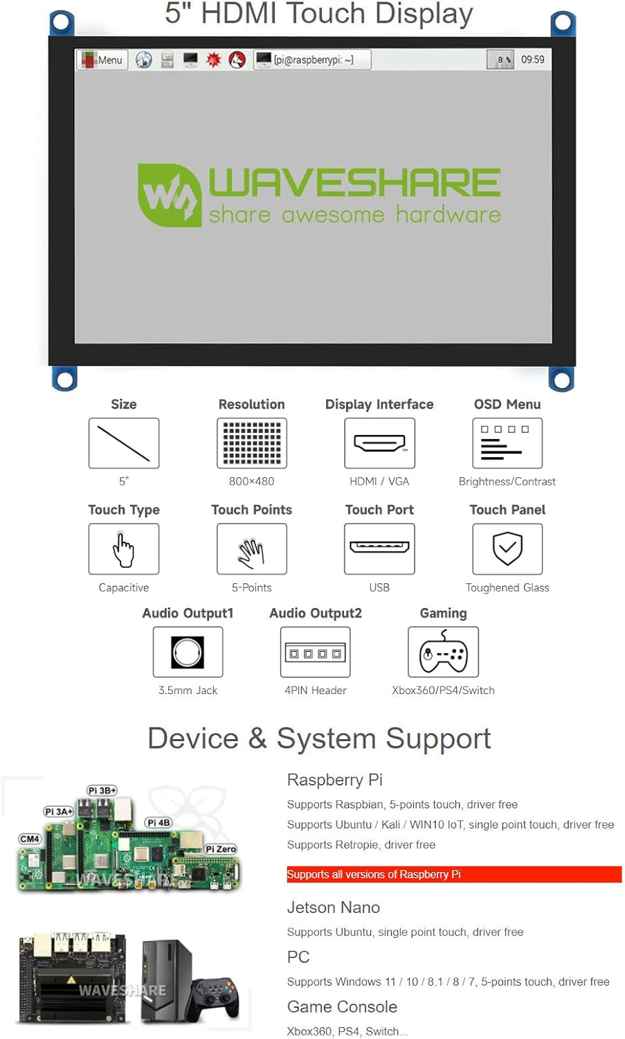 Waveshare 5 Inch HDMI Monitor Capacitive Touch Screen LCD 800X480 Supports Multi Mini Pcs like Raspberry Pi Jetson Nano BB Black - 7Inch Hdmi Lcd (H) (With Case) image number 6
