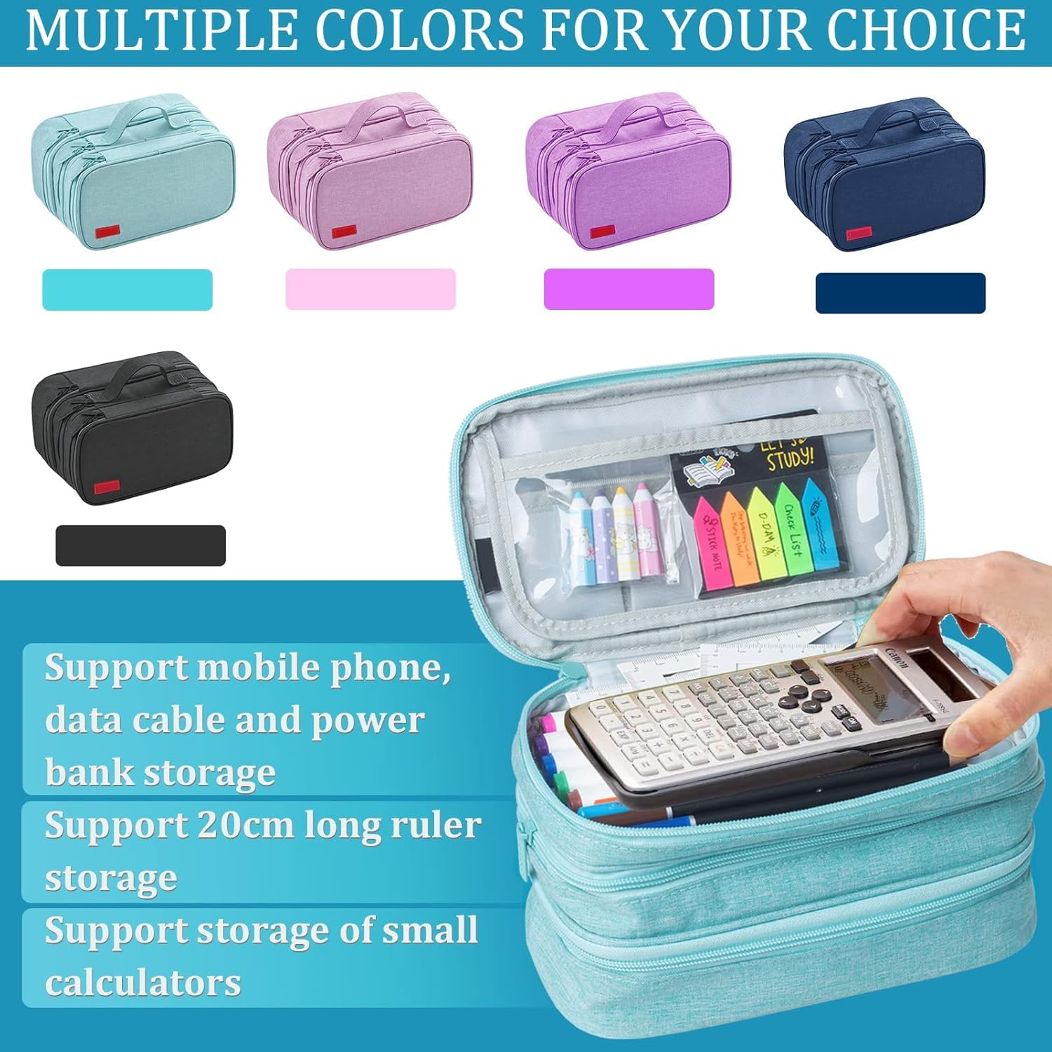 Large Capacity Pen Pencil Case Stationery Storage Large Handle Pen Pouch Bag 3 Layers Pen Pencil Organizer Bag with Double Zipper, Cosmetic Bag for College Students Men Women Girls Adults (Blue) image number 5