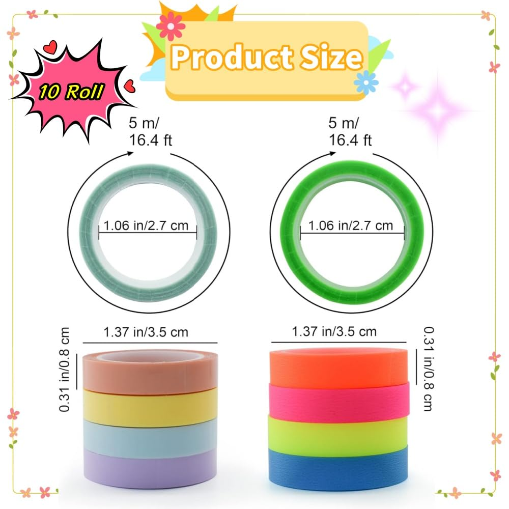 10 Rolls Highlighter Tapes,Transparent Marking Sticker Removable Fluorescent Colored Tags for Reading Class,Coloured Transparent Adhesive Tape for School Office Home(0.8Cm* 5M) image number 4