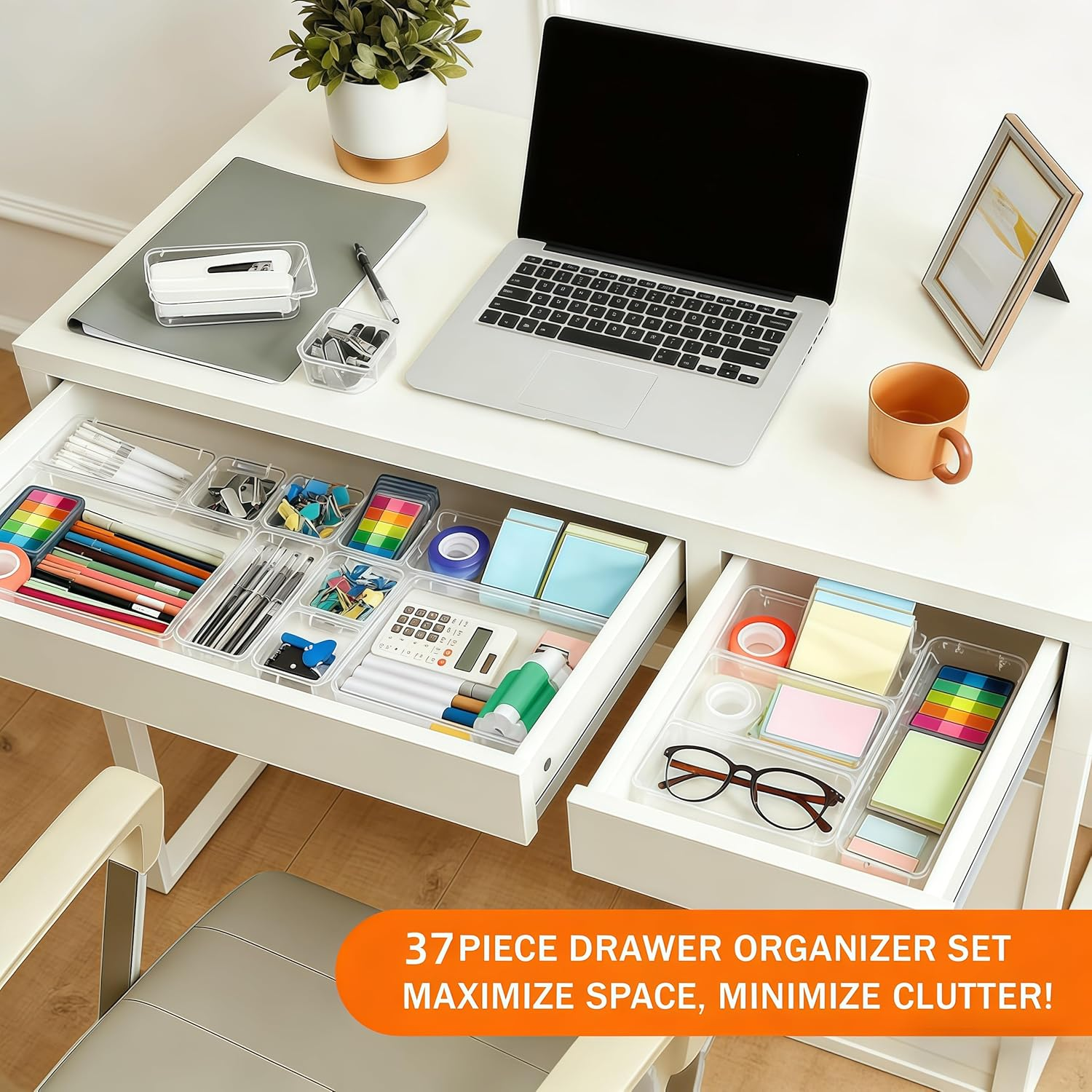 37Pcs Drawer Organisers Set, 4 Sizes Clear Plastic Drawer Organizer & Vanity Organiser for Makeup & Jewelry Storage, Kitchen Utensils & Gadgets, Desk Supplies, Bathroom & Bedroom Organisation image number 1