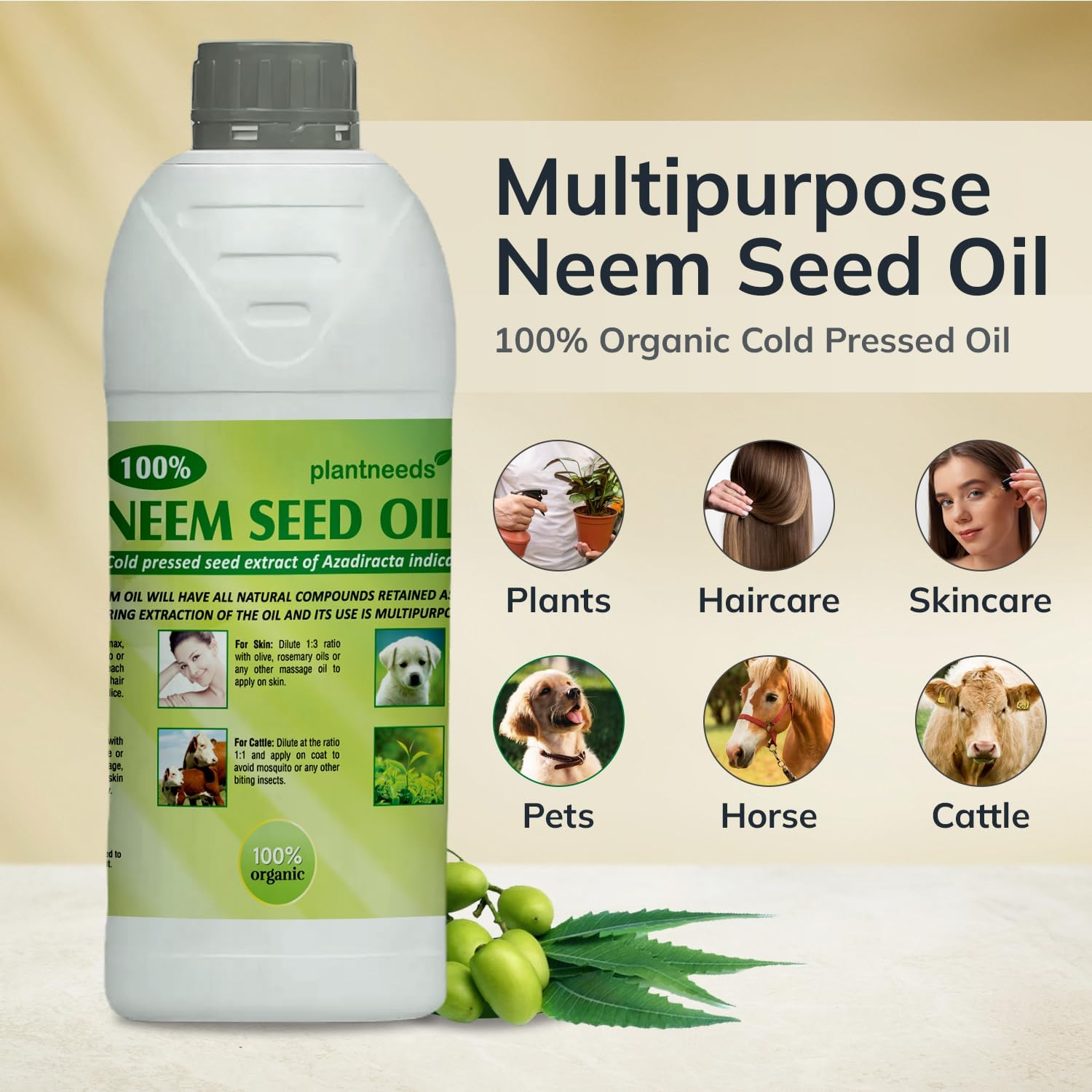 Plant Needs Neem Oil 1 L | 100% Organic Cold Pressed Neem Seed Oil | Multi Purpose Neem Oil for Plants, Hair, Skin, and Pets image number 3