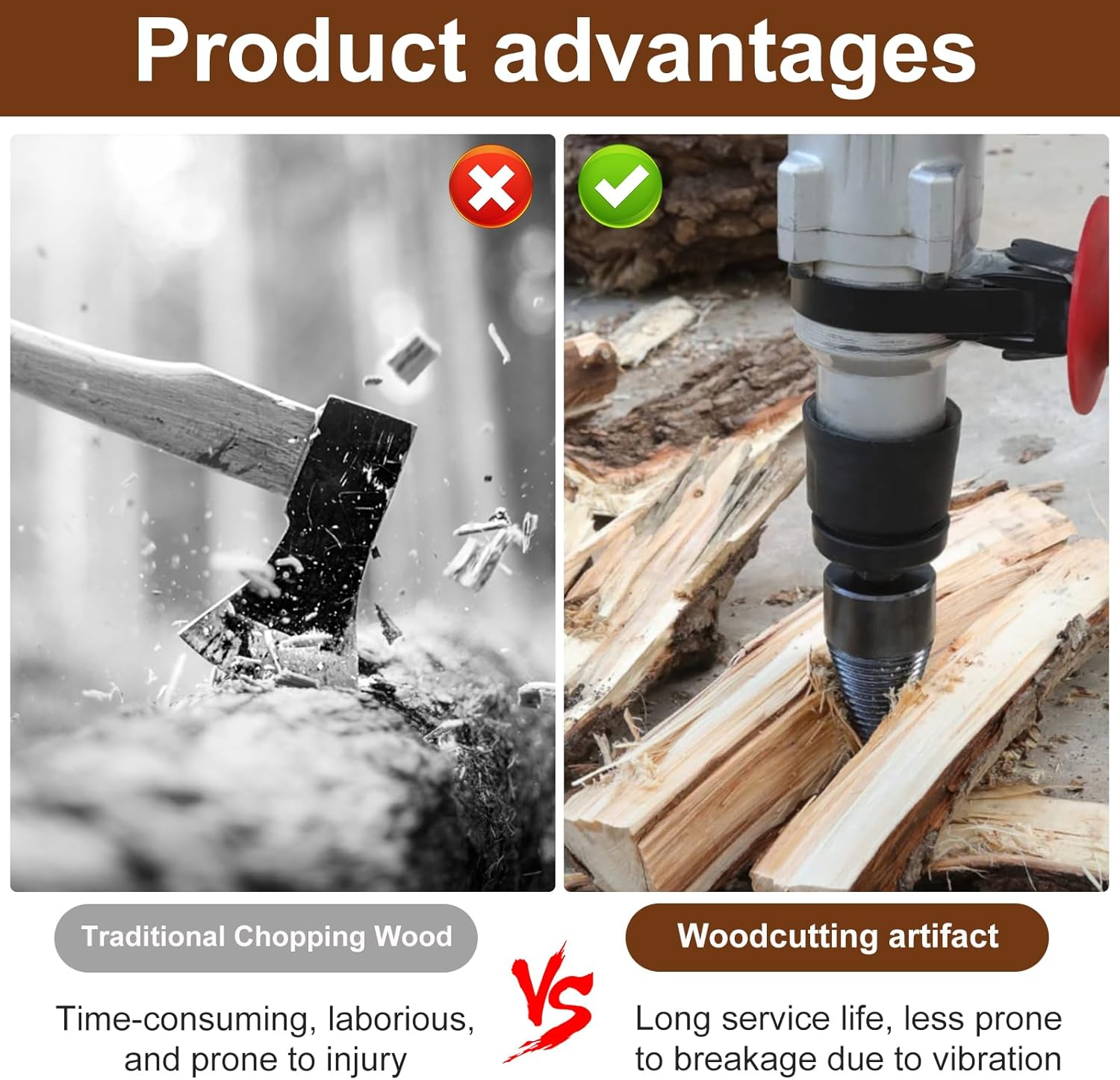2Pcs Firewood Log Splitter 32Mm 42Mm High-Carbon Steel Wood Log Drill Bit with Hex/Round/Square Shank Titanium Coated Sturdy Wood Splitting Screw Cone for Electric Drill Camping