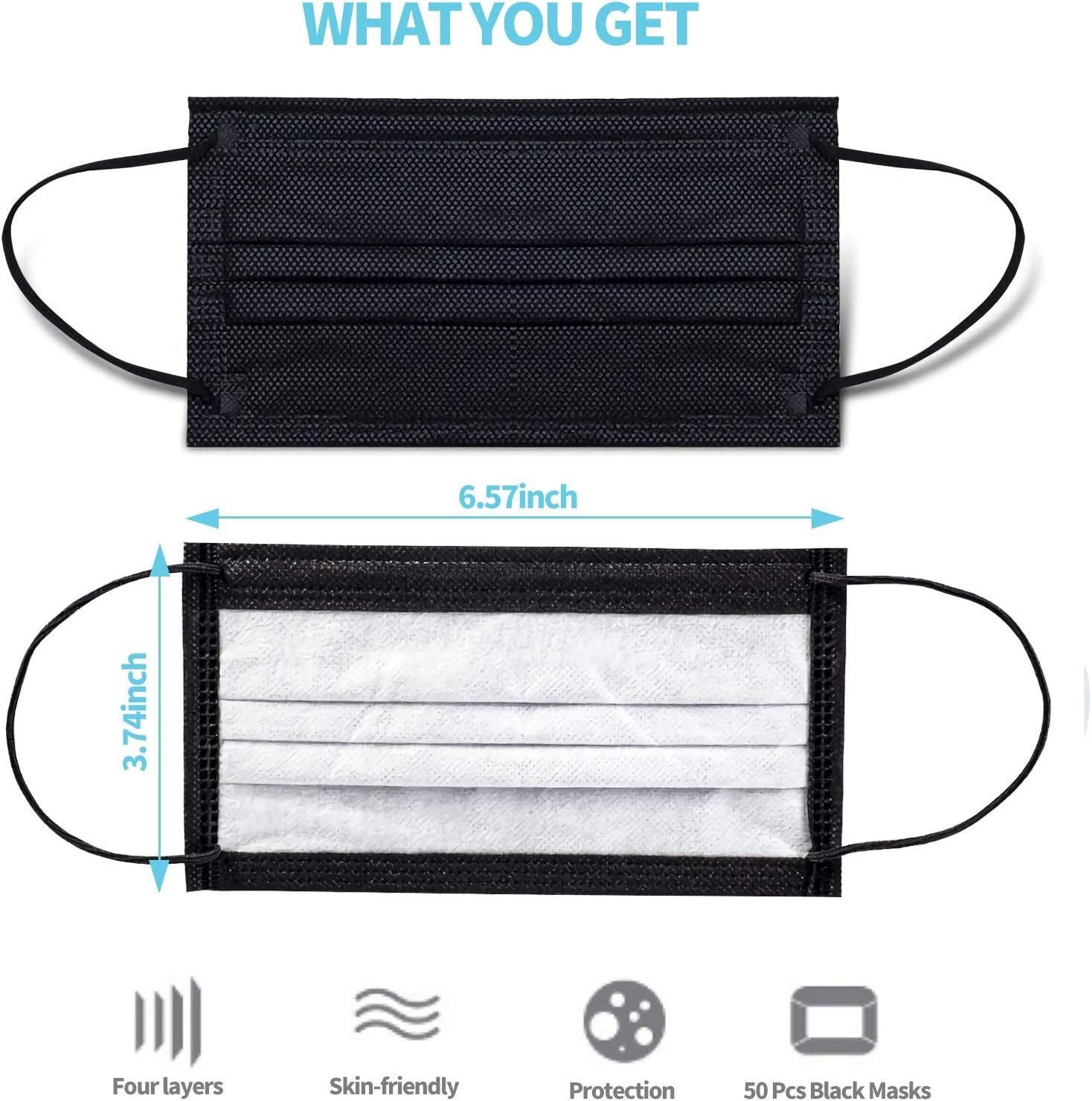 Black Disposable Face Masks 4 Layers Protection 50Pcs, Breathable Dust Mask Mouth Covers for Adult image number 3