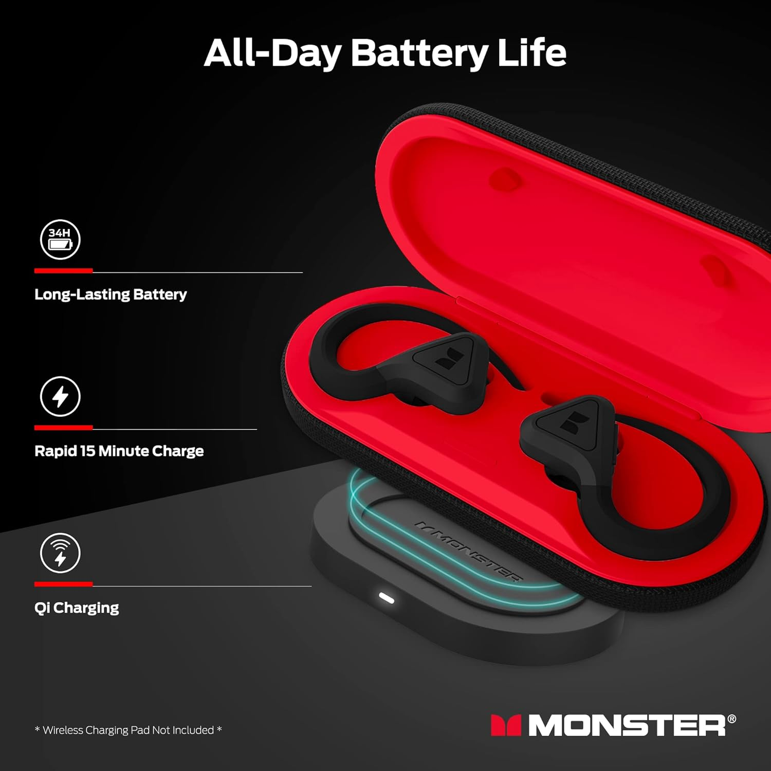 Monster DNA Fit - Wireless Arc Headphones - In-Ear Bluetooth Earbuds - Noise Reduction - Waterproof - Ergonomic - Black image number 6