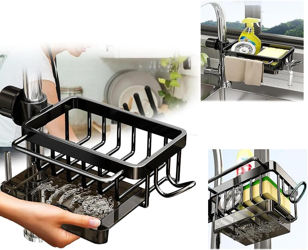 Kitchen Sink Faucet Organizer, Multifunction Sponge Holder for Kitchen Sink with Hook and Self Draining Tray,For Bathroom, Scrubbers, Soap, Work with 0.7-1.1Inch round Water Pipe (Right)