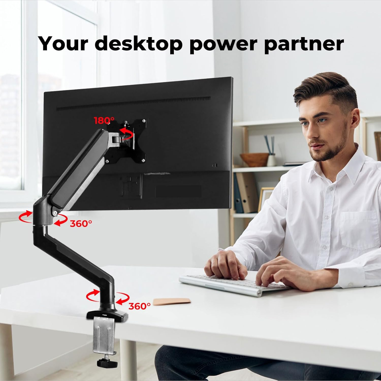 Single Monitor Stand Monitor Arm Desk Mount Height Adjustable, C Stand Fits Screens 13 to 32 Inches, Holds 10Kg, 360 Rotation Swivel, Premium Gas Spring, Universal VESA 75X75Mm or 100X100Mm image number 4