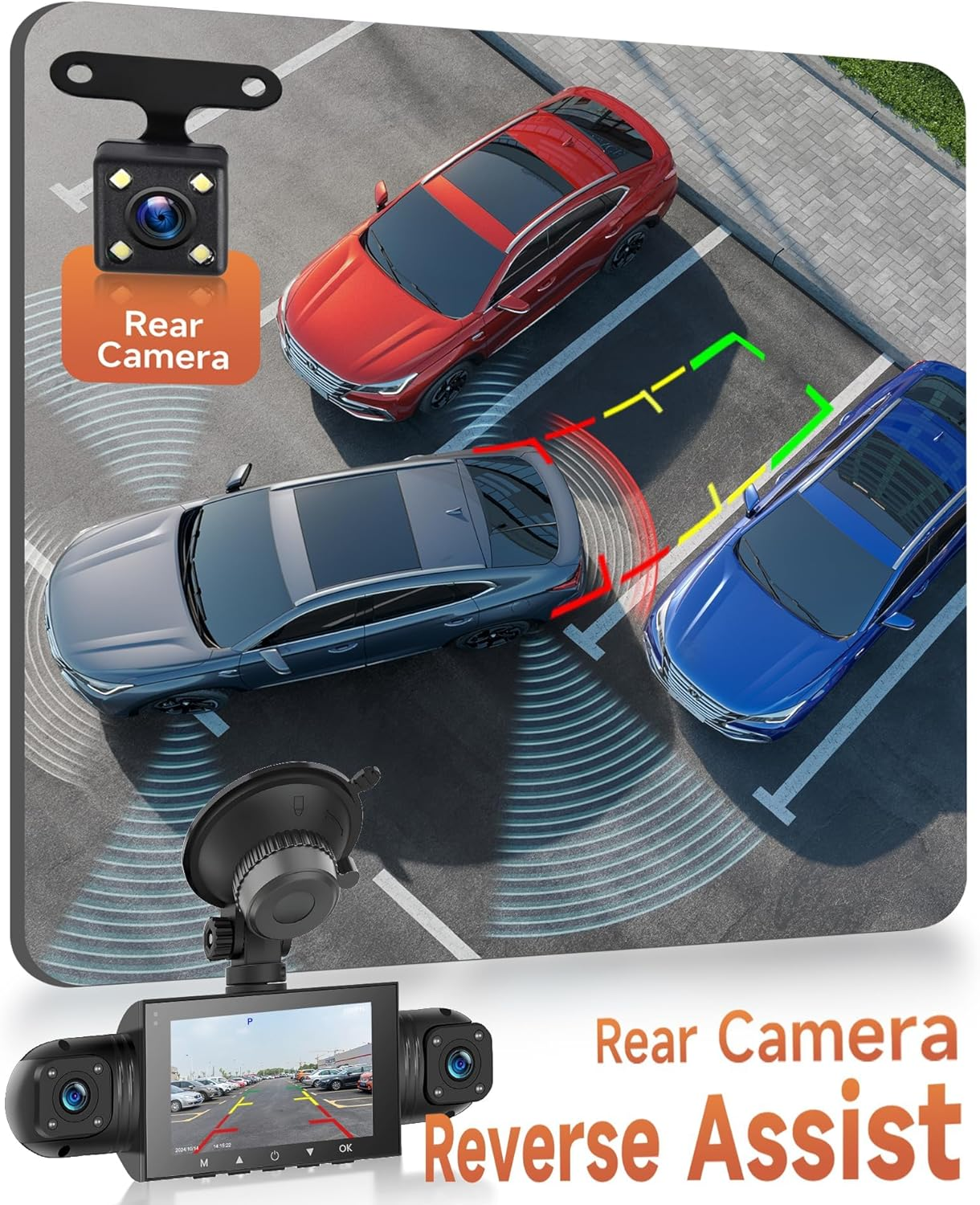 4 Channal Dash Cam 360&deg; Car Recorder Front and Rear inside Side，3 Inch 1080P DVR Camera with 480 Rear Pull + G-Sensor, Rearview, Night Visio, Loop Record, 24H Parking Watch image number 3