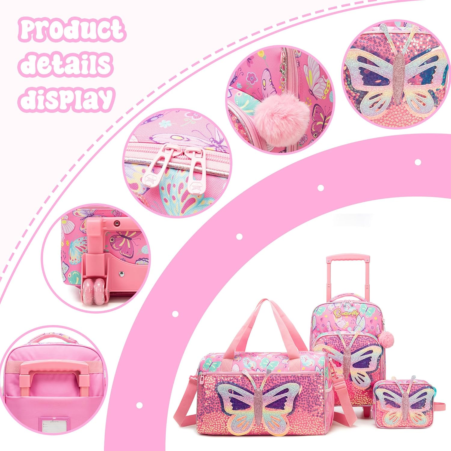 Homskiii Kids Pink Butterfly Luggage with Wheels Suitcases Travel Softside Suitcases 16" Carry on Suitcase with Duffle Bag Luggage Sets Airline Approved image number 2