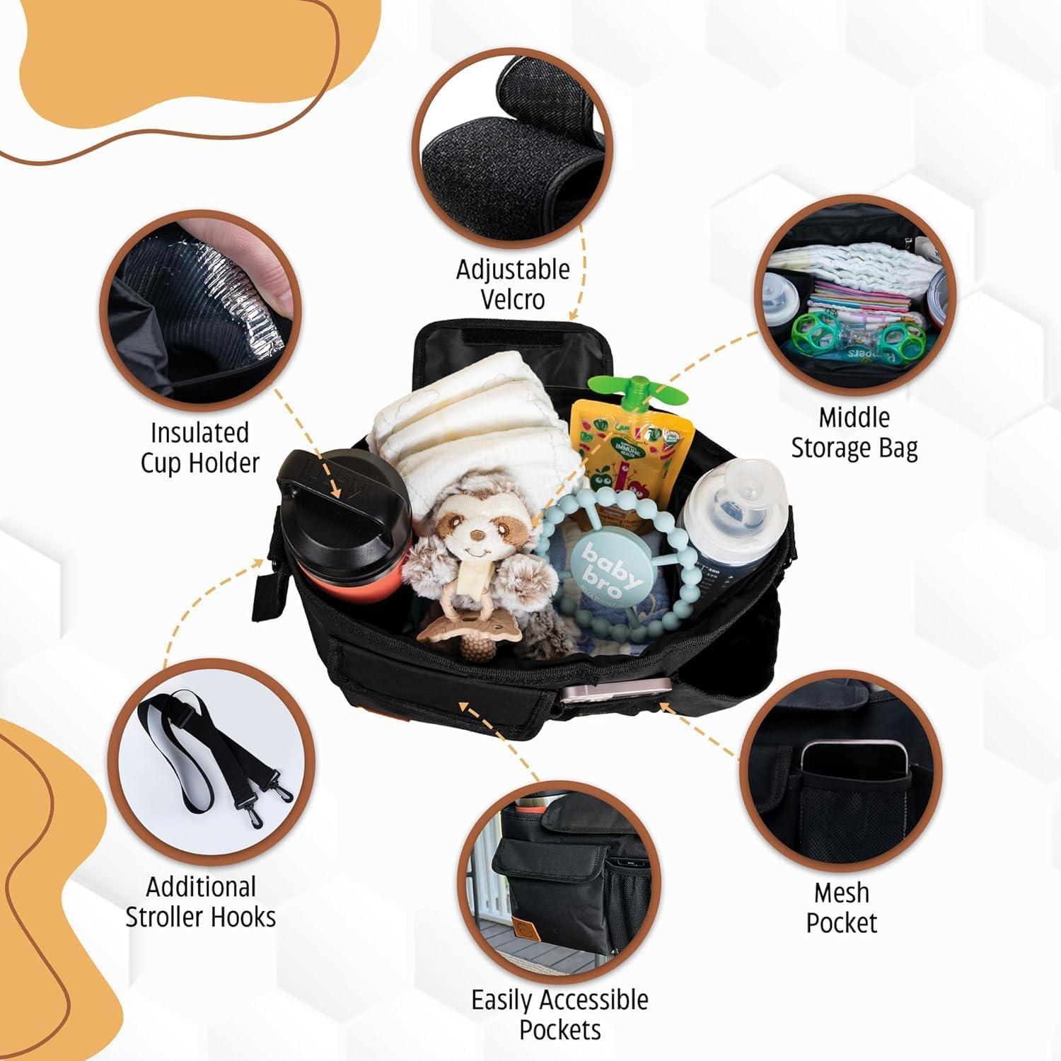 Universal Stroller Organizer with Cup Holder, Large Capacity Stroller Caddy, Non-Slip Secure Hooks Accessories(Black) image number 6