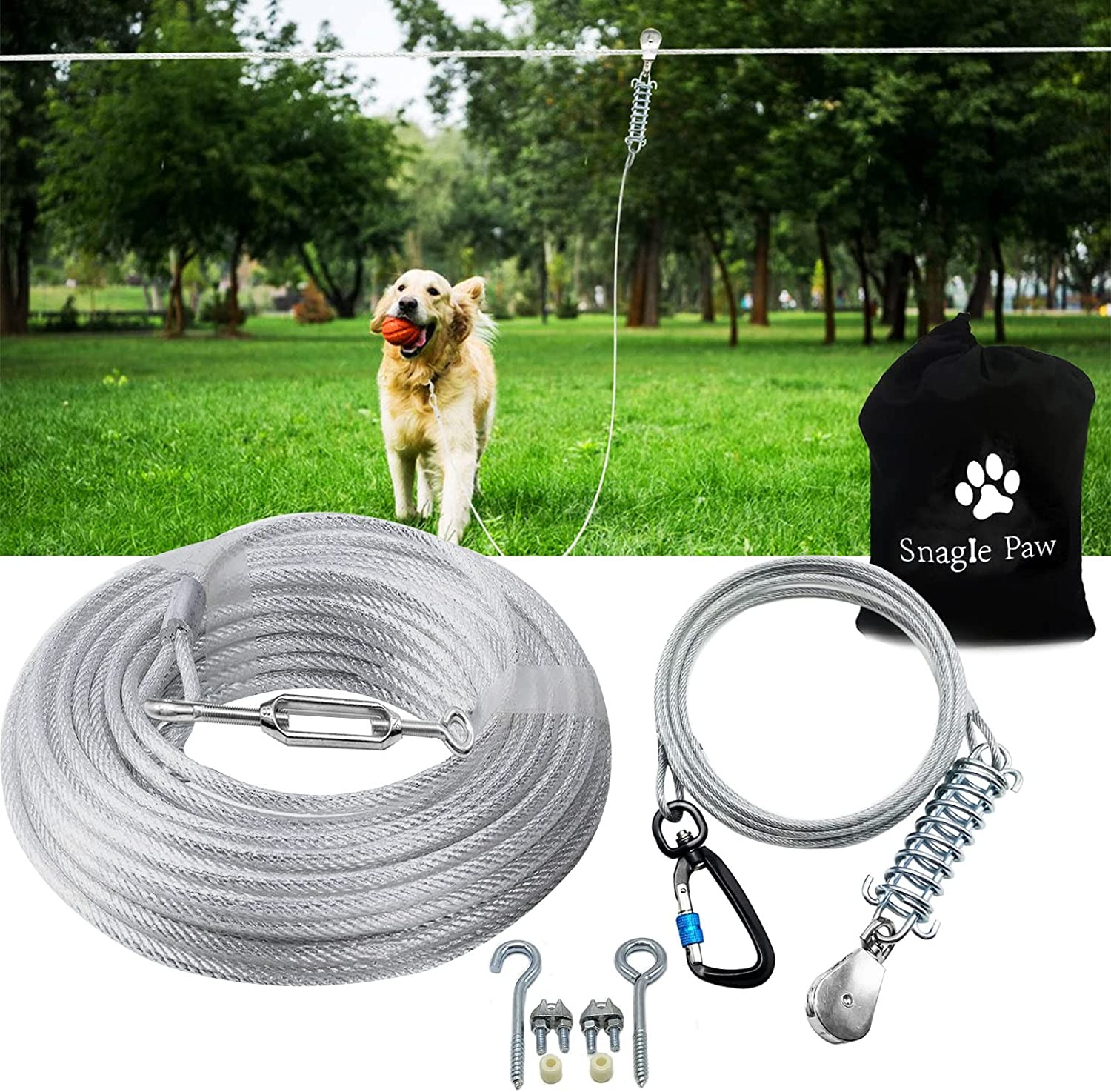 Dog Tie Out Runner for Yard,Trolley System for Large Dogs,Heavy Duty Dog Run Cable Lead 120Ft with 10Ft Pulley Runner Line for Small Medium and Large Dogs up to 250Lbs Running outside Yard or Camping