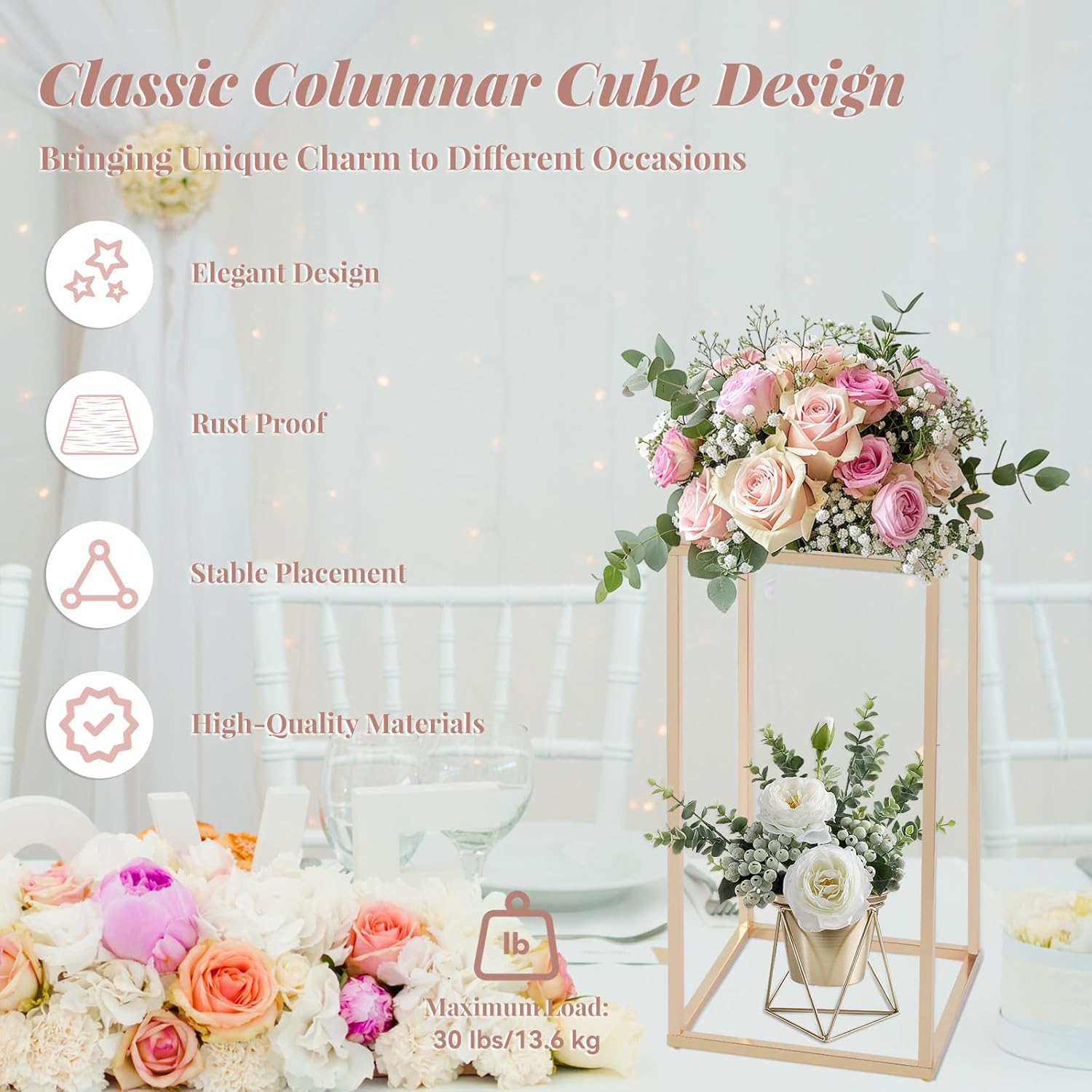 SOCROTO 10PCS Column Vases,Metal Flower Floor Vase,16In Tall Wedding Centerpieces for Tables,Gold Geometric Centerpiece Vase for Wedding,Party,Festival,Home Decorations, Events Reception image number 1