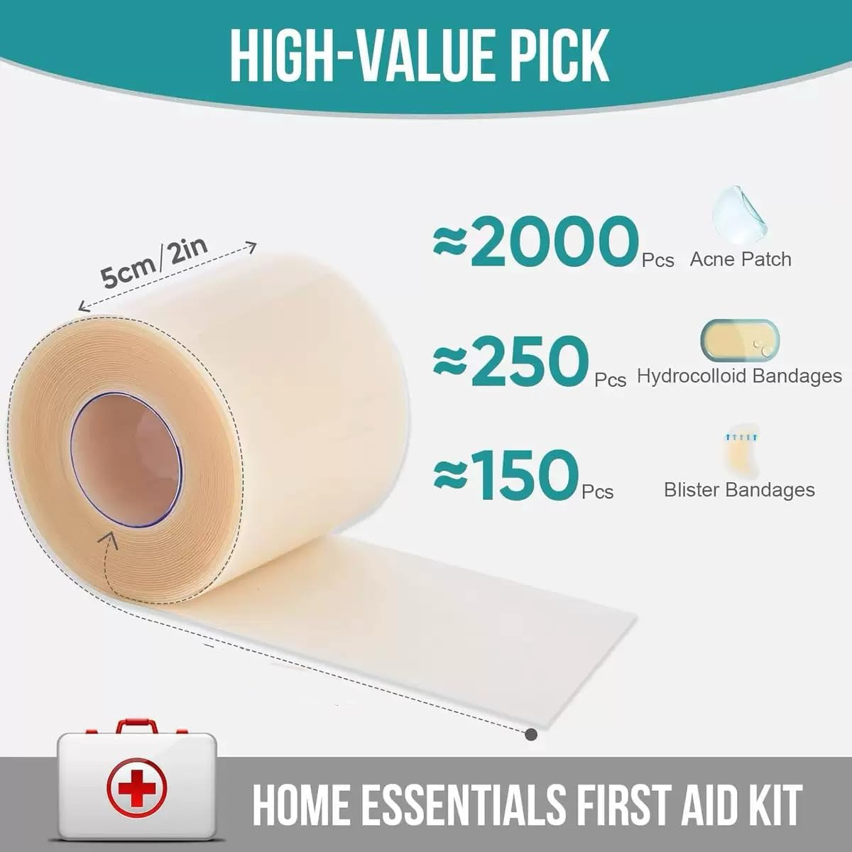 Hydrocolloid Roll for Wound Care, 5Cm*2M Hydrocolloid Bandages Rolls Tape, Waterproof and Ultra Absorbent Patch Bandages Cut-To-Size, First Aid Kit Essential for Burn Blister (Color A) image number 4