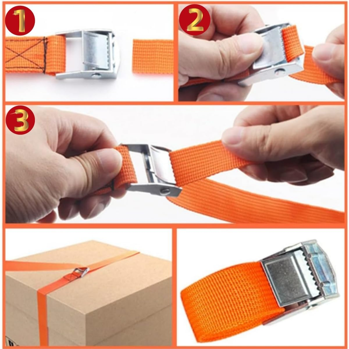 12PCS Lacing Straps,1 M Heavy Duty Lacing Adjustable Cargo Belt Ratchet Strap, Adjustable Cam Buckle Lacing for Motorcycles, Bicycles, Trucks, Trailers, Cargo, Luggage (Black, Orange) image number 5