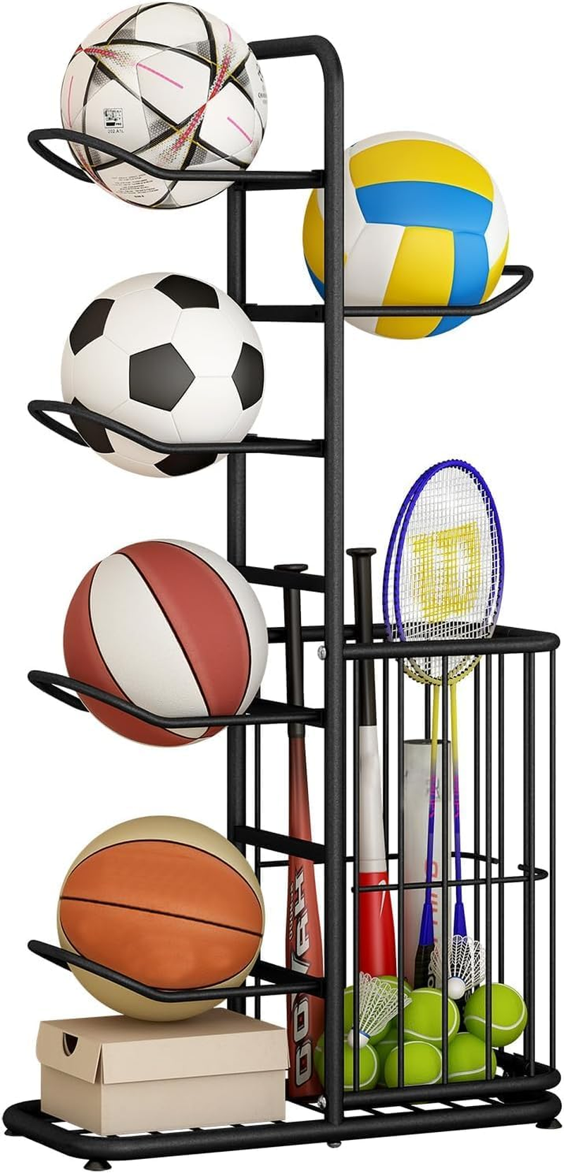 Fohouse Garage Sports Equipment Organizer with Basket, Ball Storage Rack, Football Stand, Ball Storage Garage, Ball Holder - White image number 3