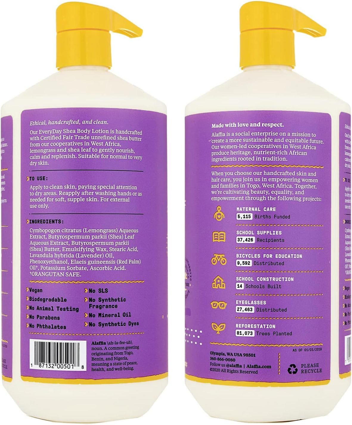 Alaffia Everyday Shea Body Lotion - Normal to Very Dry Skin, Moisturizing Support for Hydrated, Soft, and Supple Skin with Shea Butter and Lemongrass, Fair Trade, Lavender, 2 Pack - 32 Fl Oz Ea image number 1