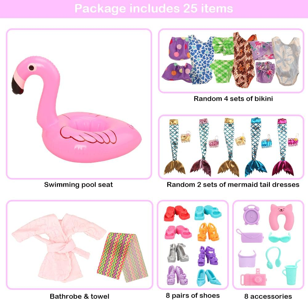 Barwa 4 Swimsuits + Pajamas + 2 Mermaid Dresses + Lifebuoy + Towel + 8 PCS Shoes + 8 Accessories for 11.5 Inch Dolls