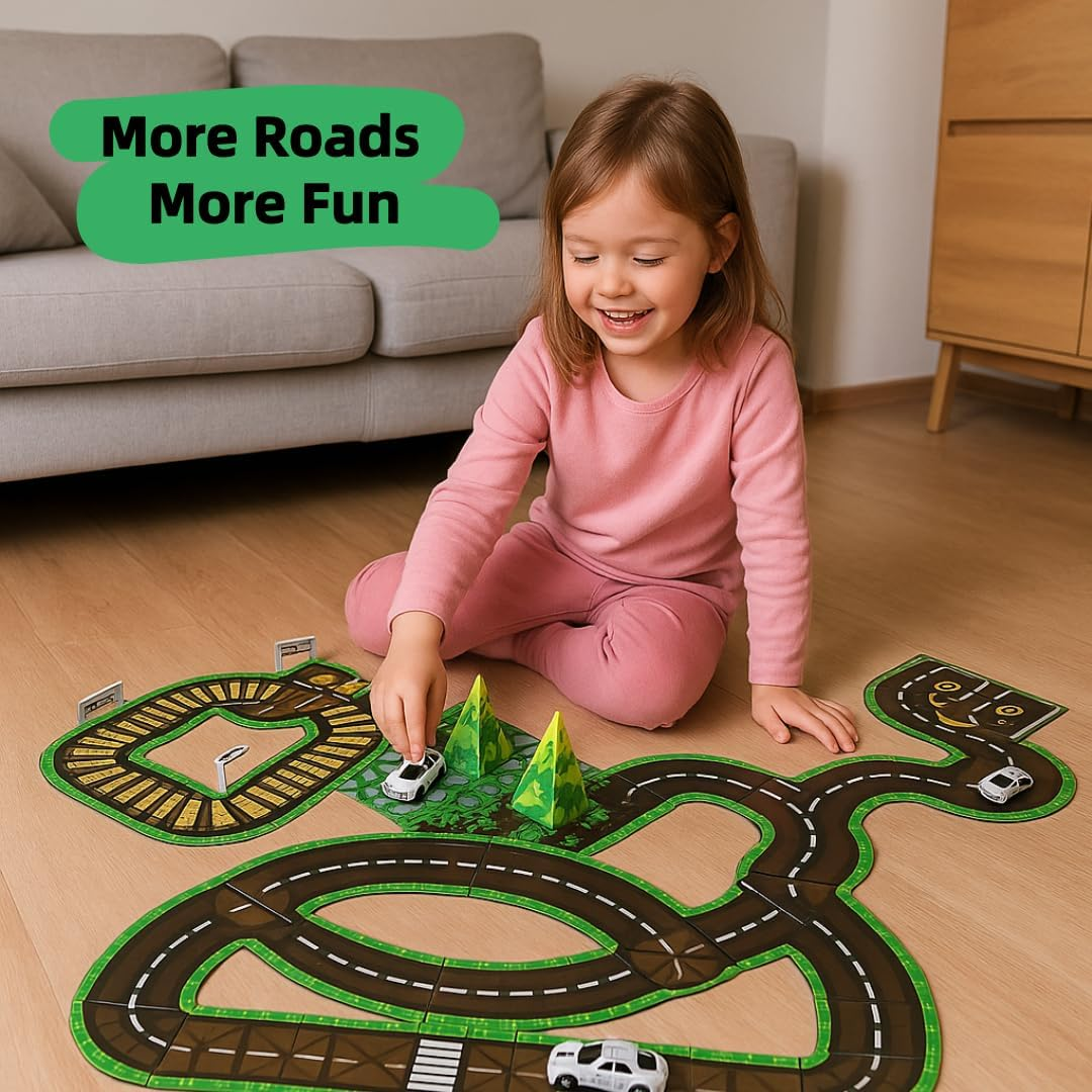 Magnetic Road Tiles Set with Railway and Forests, 76 PCS Magnetic Tiles Road, Magnet Building Blocks Kids Car Toys, Perfect Gifts for Ages 3+ image number 3