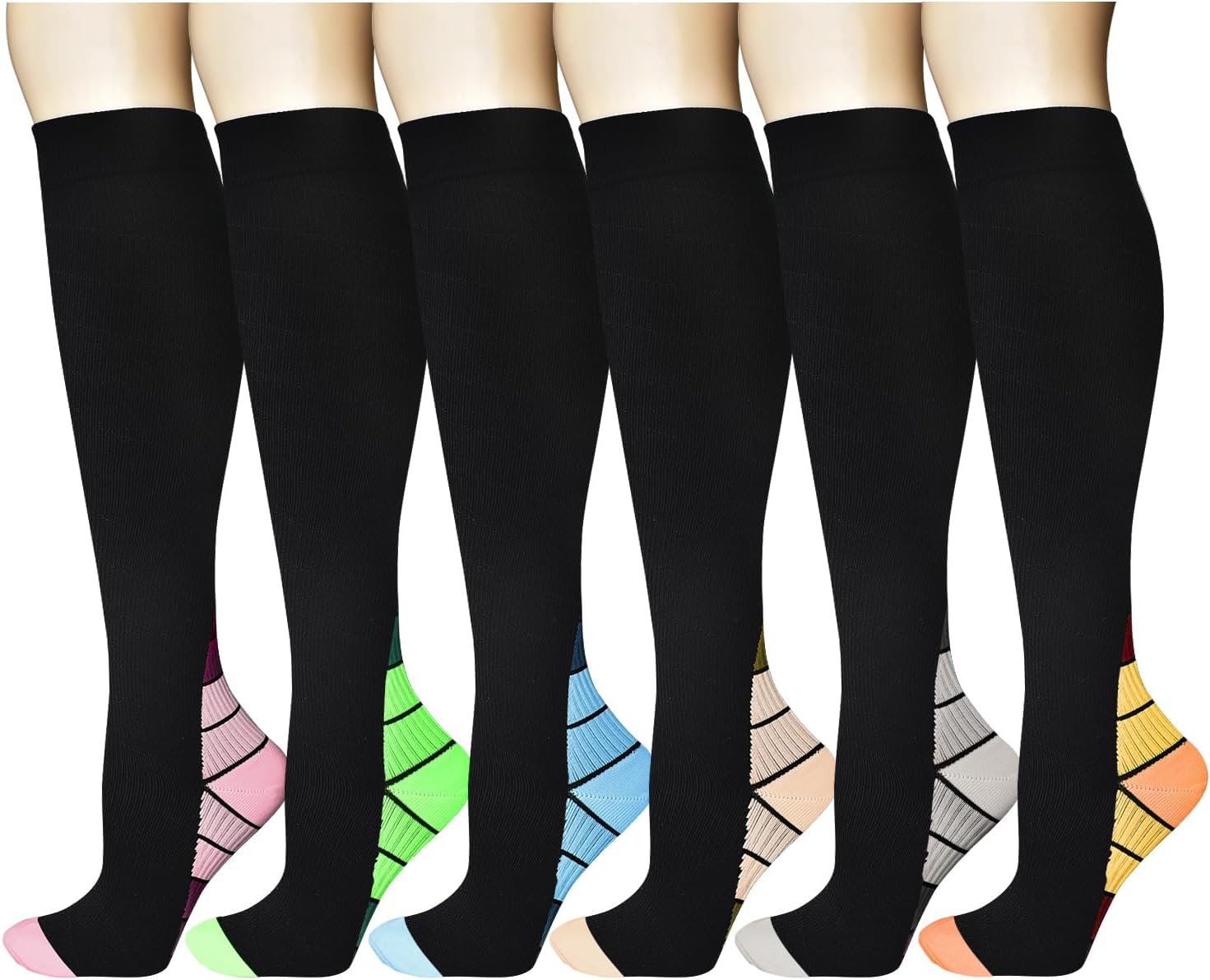 6 Pairs Compression Socks for Women & Men 15-20 Mmhg Graduated Stockings Knee High Great Support for Blood Circulation Varicose Veins Running Flight Travel Athletics Medical Nurse Diabetic Pregnancy