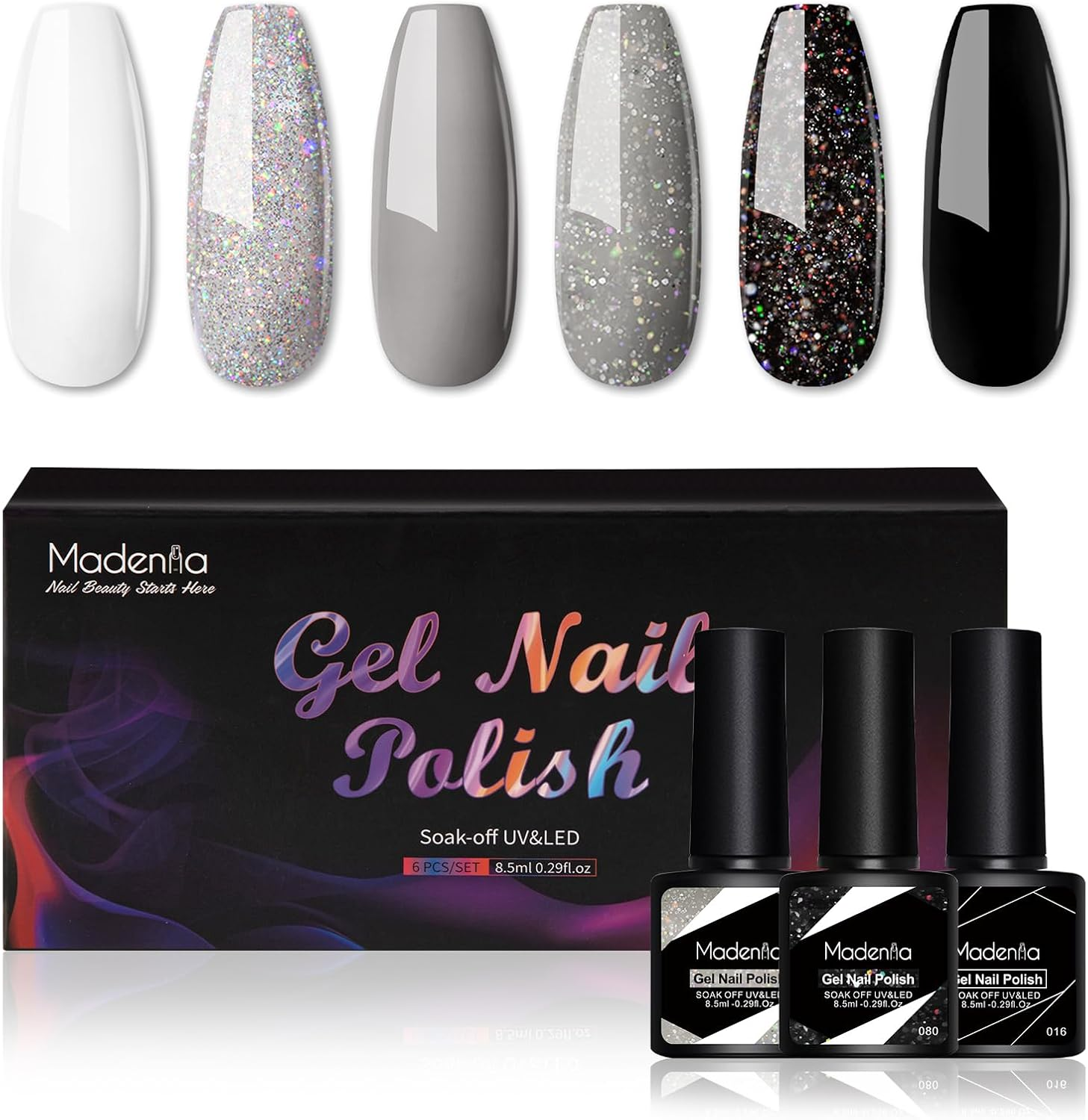 Madenia Gel Nail Polish Set: 6 Colours Red Burgundy Glitter Nail Polish Set Soak off UV/LED, Quick Drying Nail Varnish Nail Art DIY Manicure Salon & Home for Women, 8.5ML