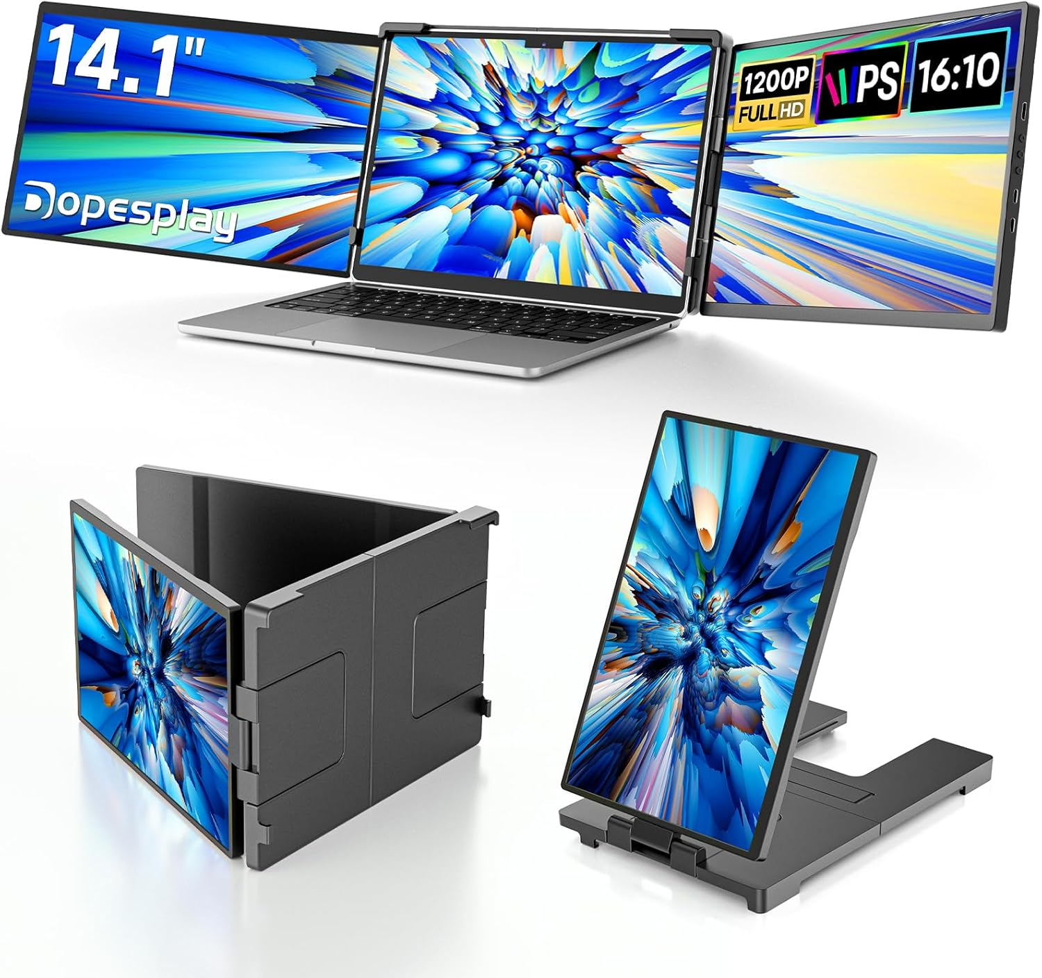 Laptop Screen Extender, 14" FHD 1200P IPS Triple Portable Monitor for Laptop, Screen Extender Monitors for 14"-17.3" Carry a USB Flash Drive，Plug & Play Compatible with Wins, Mac, Android