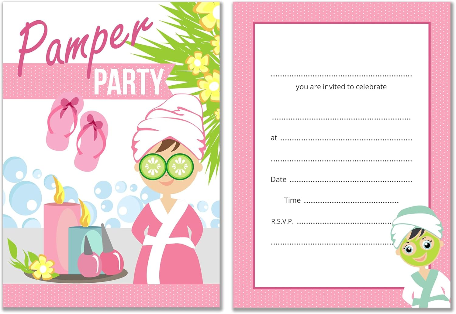 Olivia Samuel 20 X Pamper Party Invites from A6 Double Sided Cards with Envelopes image number 1