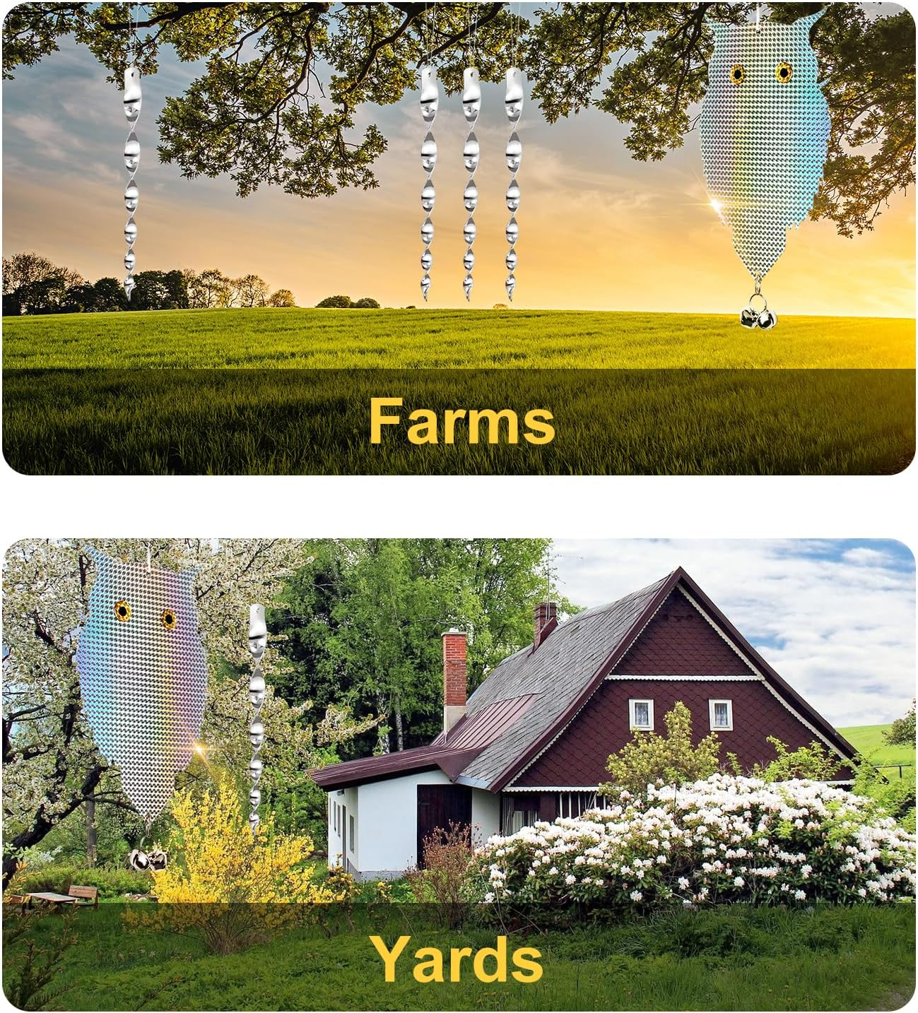 OFFO Owl Decoy for Pigeon Deterrent Hanging Outdoors Reflective Plastic Owls to Scare Pigeons to Keep Birds Away on Gardens with Bells 1 Pcs+ 2Pcs Bird Scare Rods image number 1