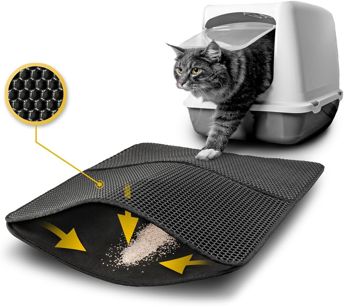 Lionto Cat Litter Mat for Cat Litter Tray with Non-Slip Coating, 61 X 38 X 1.3 Cm, Cat Litter Mat, Waterproof & Easy to Clean, Effective Absorption of Cat Litter in Honeycomb Design, Black