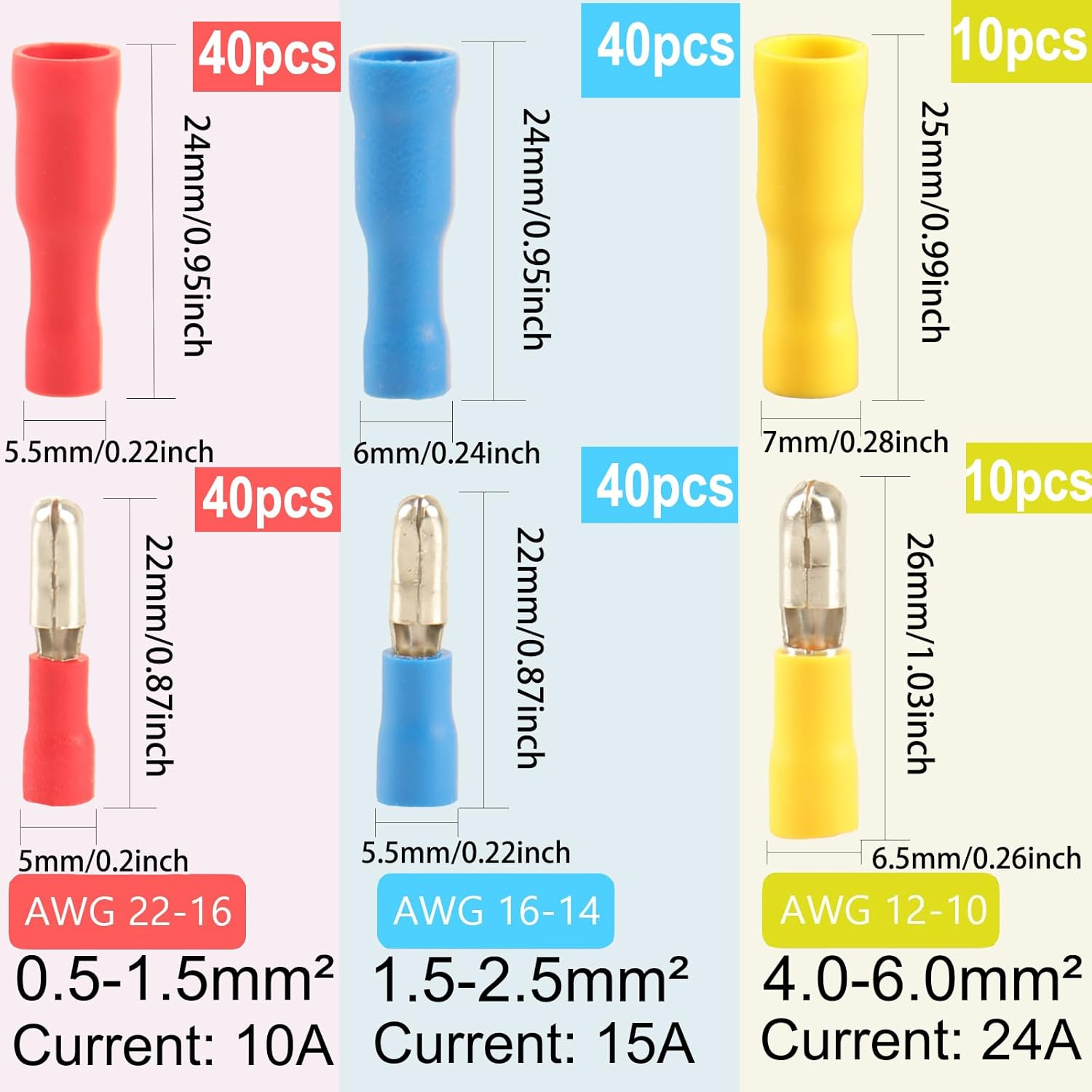 180Pcs Bullet Connectors Male and Female, Bullet Wire Terminals Crimp Terminal Automotive Electrical Connectors Motorcycle Connector Butt Insulated Waterproof Terminals image number 4