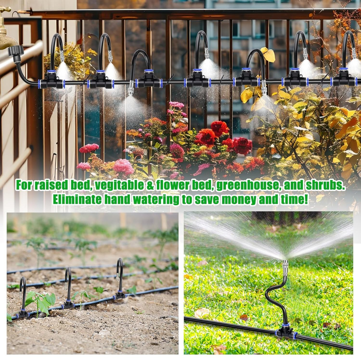 360&deg; Adjustable Drip Irrigation System - 115FT Garden Watering System with 30 Nozzles, Garden Irrigation Kit, Misting System for Yard, Lawn, Plants, 12Mm Hose image number 4
