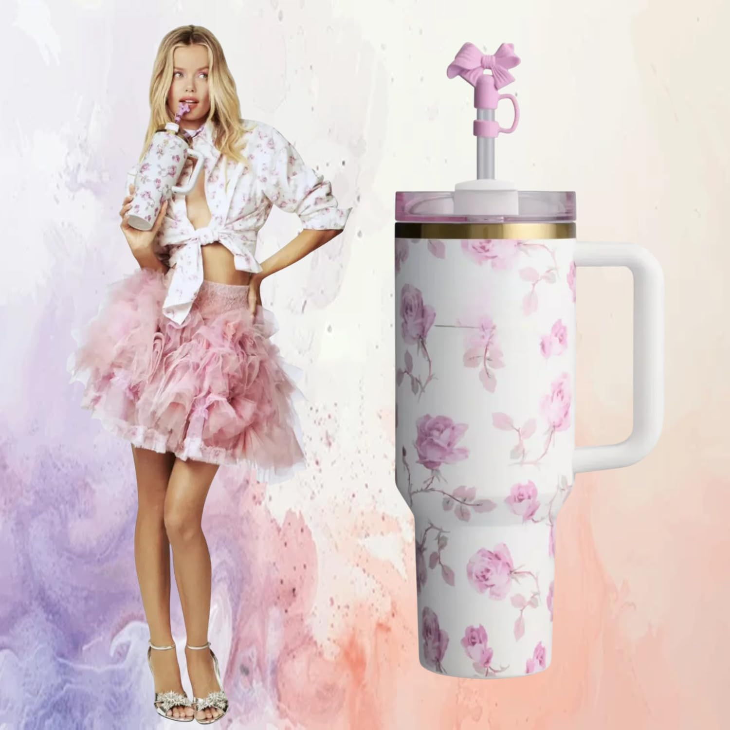 Bliss Gifts & Homewares 40 Oz Floral Insulated Tumblers with Handle & Straw - Stainless Steel, Leak-Proof Lid, Hot & Cold Travel Mug | Love Shake | Gifts for Women & Men (Petal Pink)